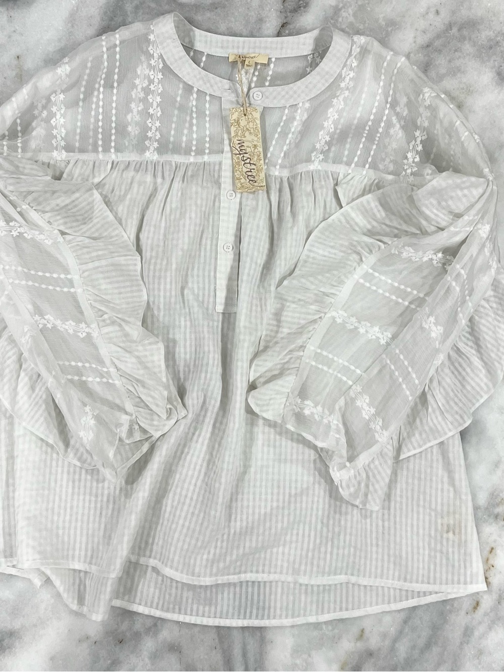 Mystree White Sheer Embroidered Button-Front Blouse Fairy Flutter Sleeves